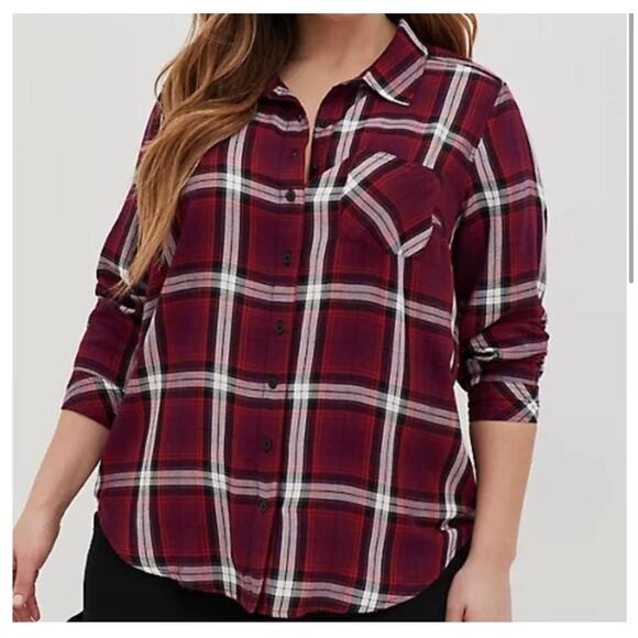 TORRID Red Plaid Twill Button-Up Long Sleeve Shirt Sz 1 - Picture 1 of 8